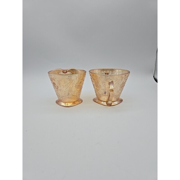 Vintage Jeannette Glass Floragold Louisa Sugar & Creamer Set Iridescent Carnival - Picture 4 of 9